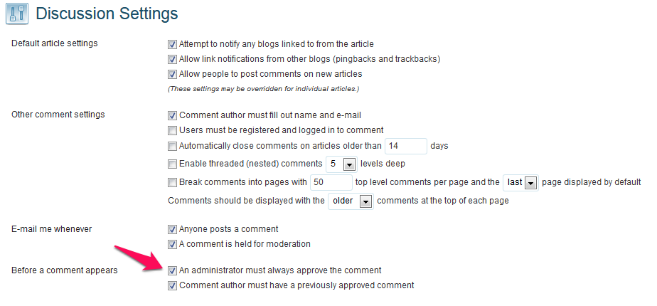 WordPress Discussion settings