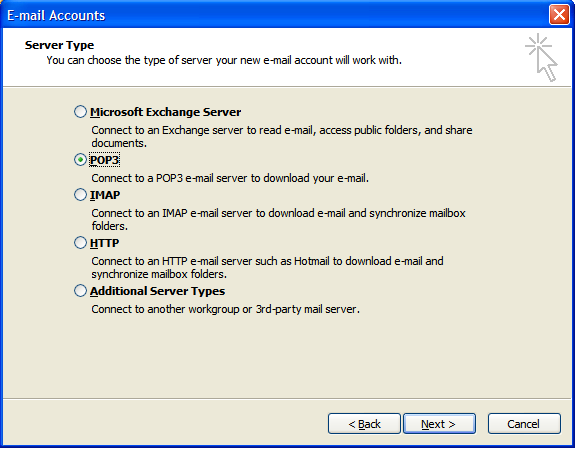 Outlook 2003 Server Type